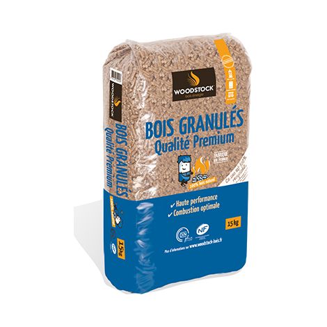 Woodstock – Granulés de bois premium 15 kg – Palette de 66 sacs – Bois certifié Dinplus et NF – Pouvoir calorifique 5 kWh.kg-1