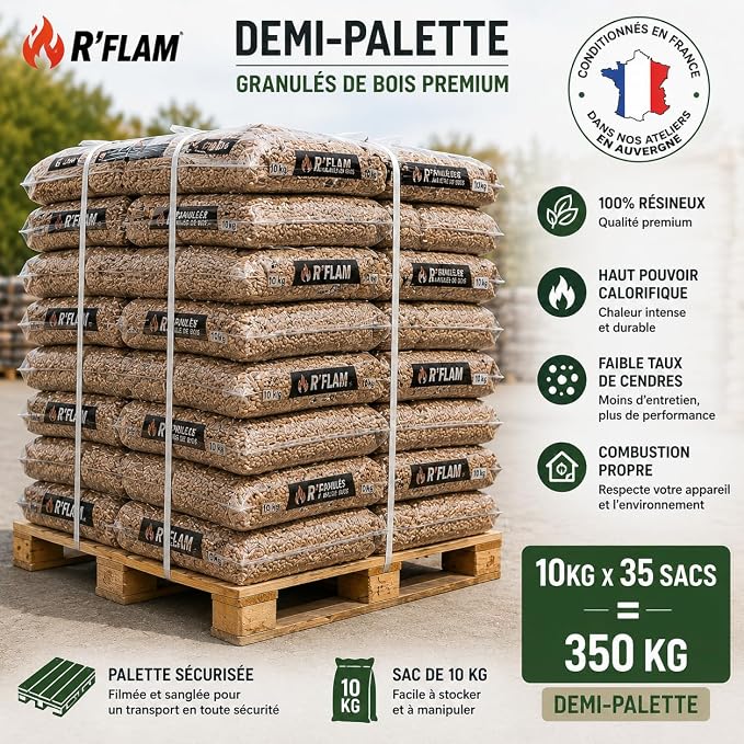 Granulés de bois premium R'Flam 10 kg – 100 % résineux – Faible teneur en cendres – pour poêles et chaudières à granulés – Conditionnés en France dans nos ateliers (Demi-palette = 35 sacs)